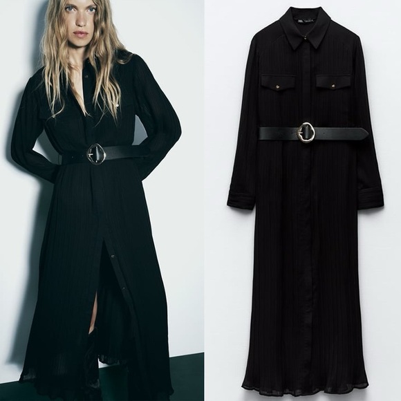 Zara Dresses & Skirts - New Zara $79 Belted Pleated Black Midi Dress 8741/244 Medium